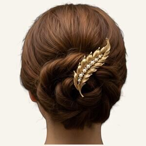 Bridal Vintage Pearl Gold Feather Bridal Comb Rhinestone Wedding Hair Accessory